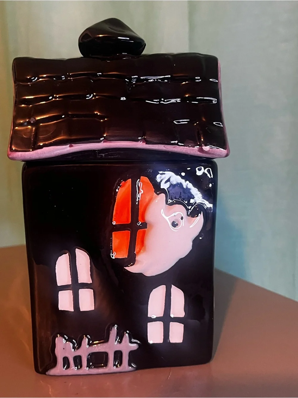 Black and Orange Haunted Ceramic House Candy Jar by